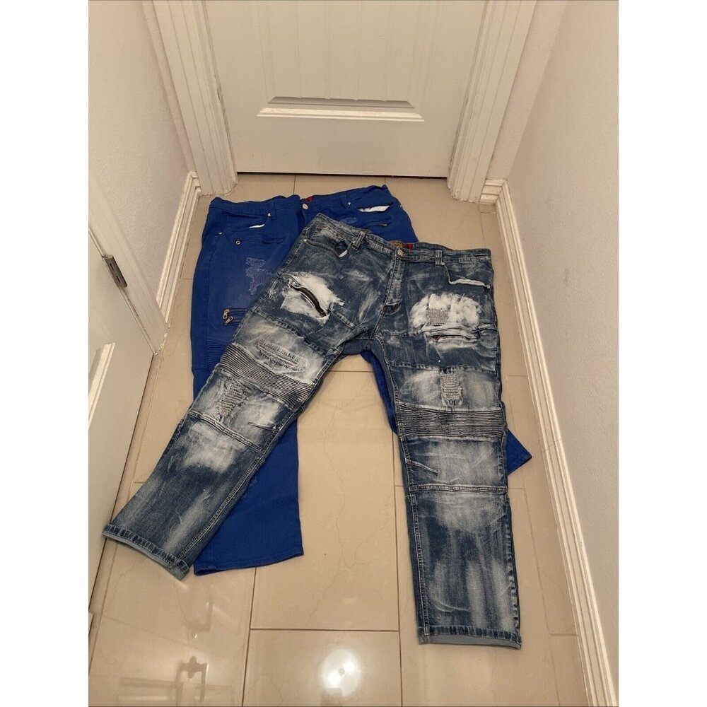 2-pair MK MAKOBIβ Menβs Denim Style M1741 & M1706 Sz 48x32 Moto Distressed Blue